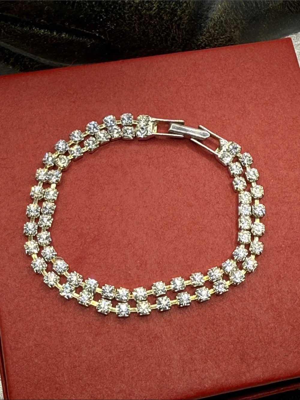 Vintage Gold-Tone Clear Crystal Double Row Tennis Bracelet prong set station